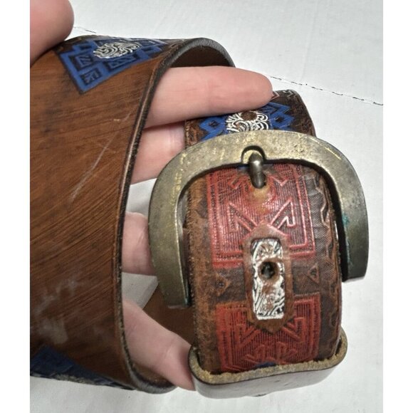 Western Saddle Leather Belt 32 Hand Painted Tooled Embossed Aztec Brass Buckle - Picture 4 of 14